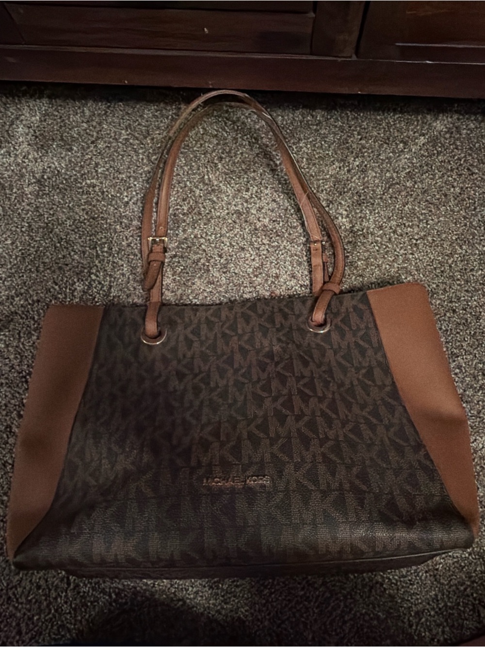 Michael Kors Brown MK Monogram Tote with Tan Trim